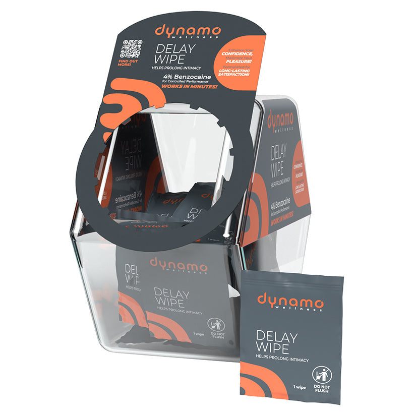 Dynamo Delay Wipe 4% benzocaine cleansing wipes, single-use packets in display pack