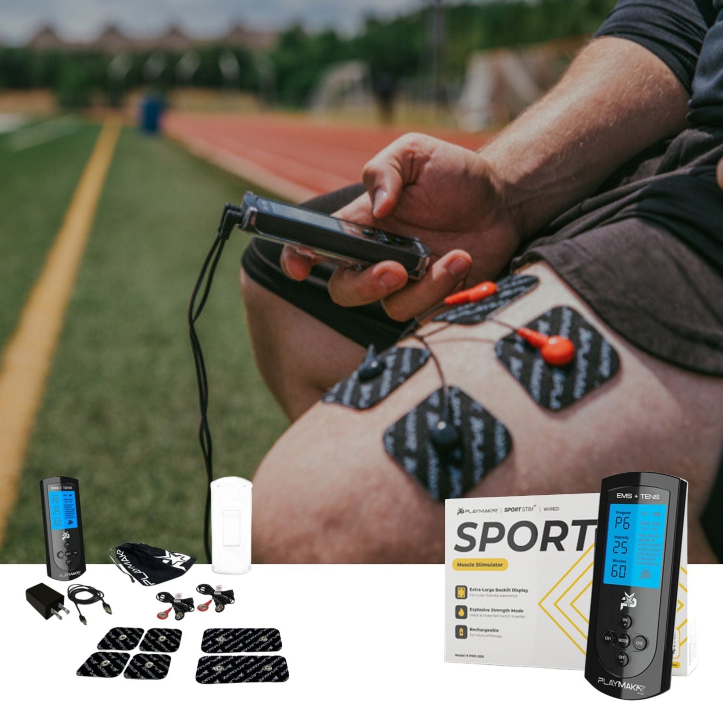 EMS and TENS muscle stimulator pads and black control unit with connected wires