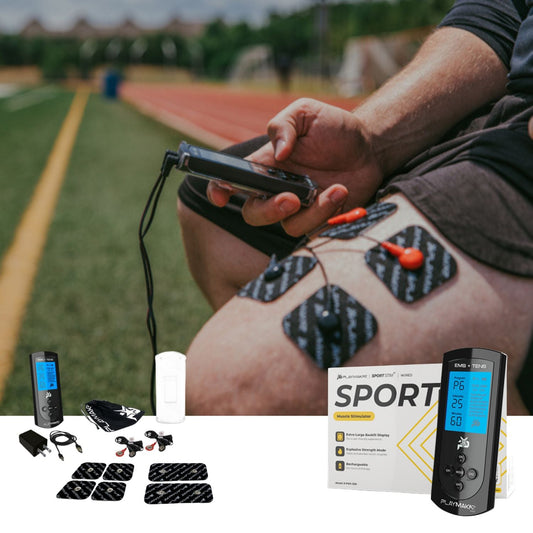EMS and TENS muscle stimulator pads and black control unit with connected wires