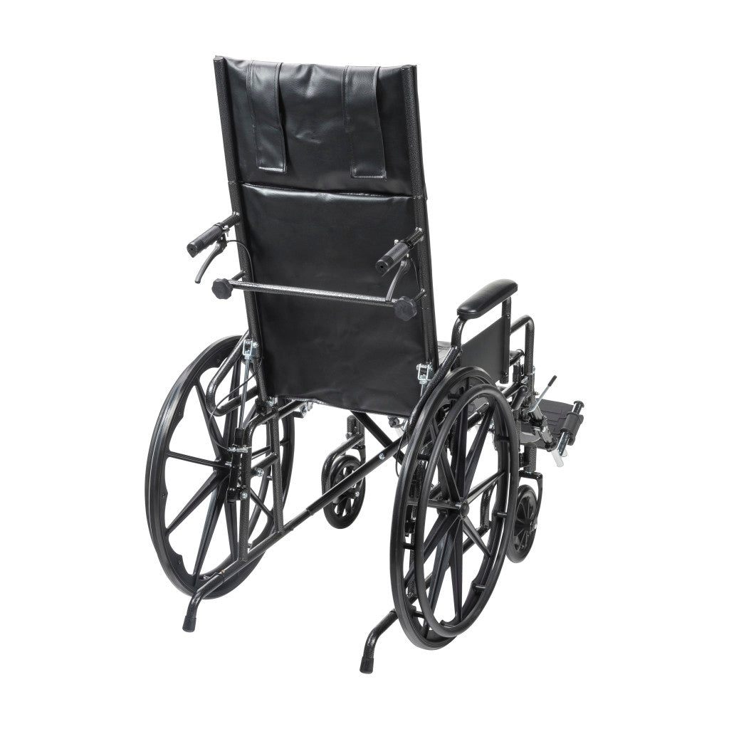 Full-reclining wheelchair back view, padded black seat and back, large rear wheels