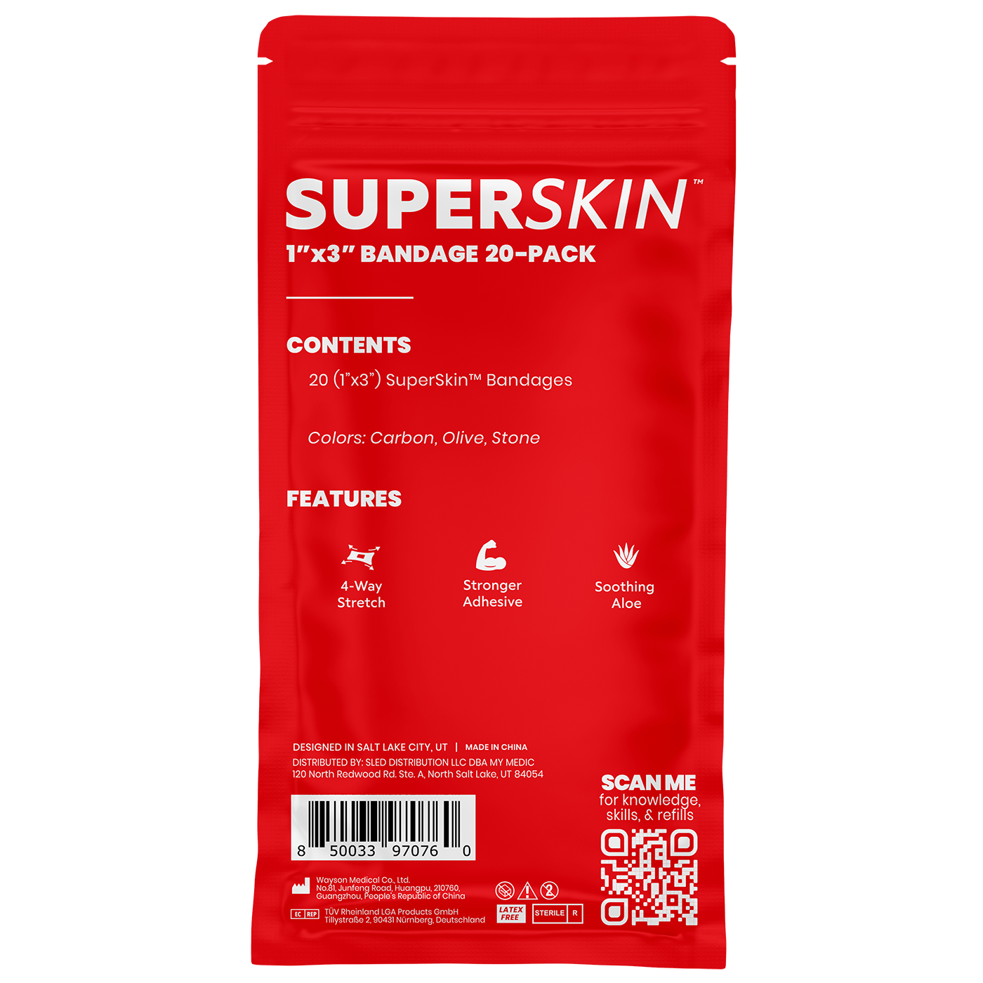 Red package of Superskin bandages on a white background