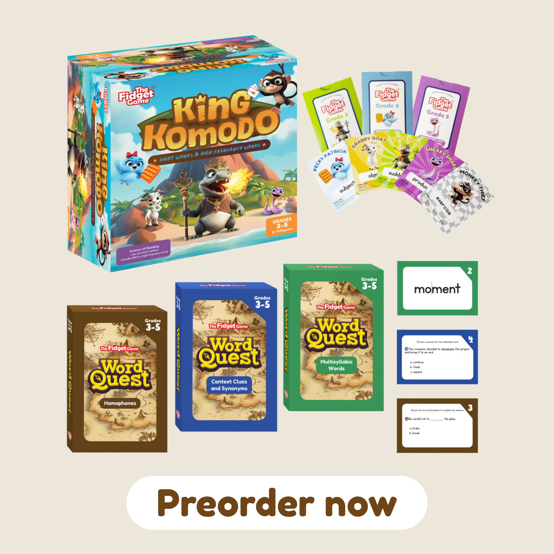 King Komodo preorder bundle with game box, Word Quest card game, and homophones pack
