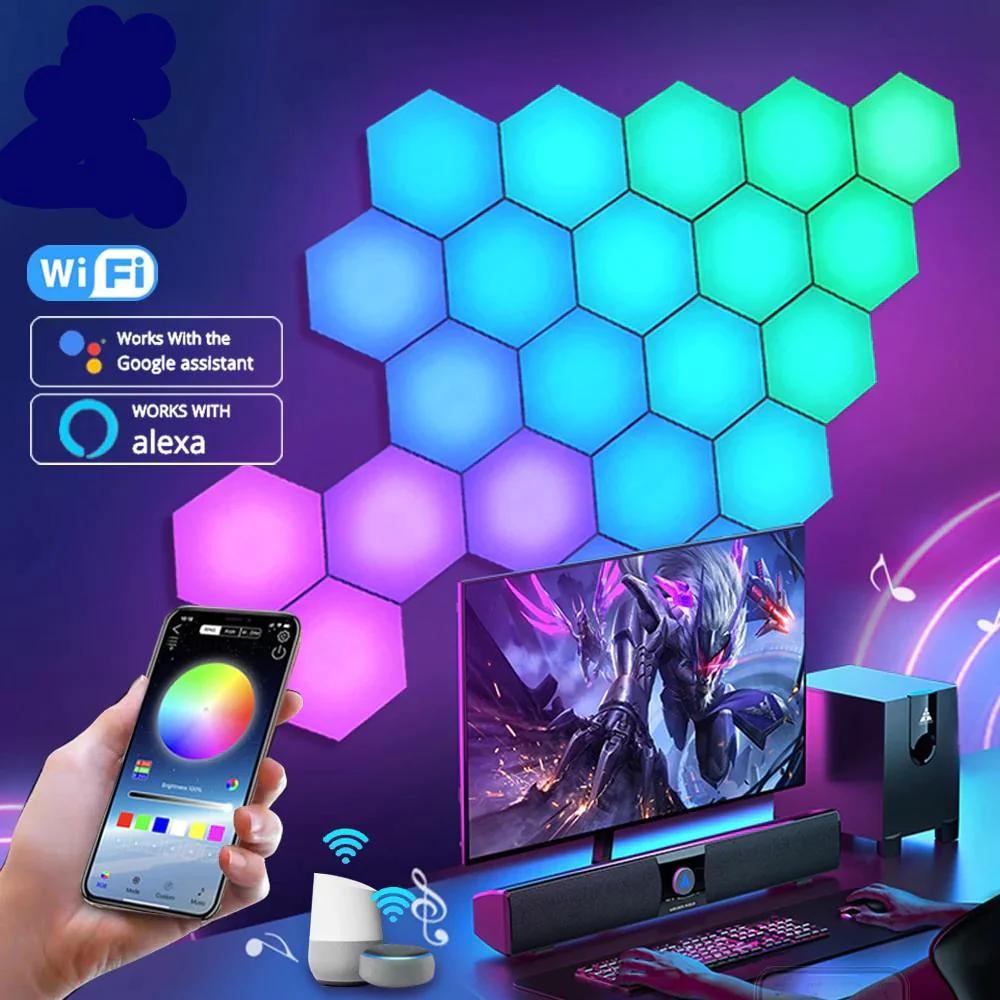 RGB hexagon LED light set with multiple glowing hexagonal panels on wall