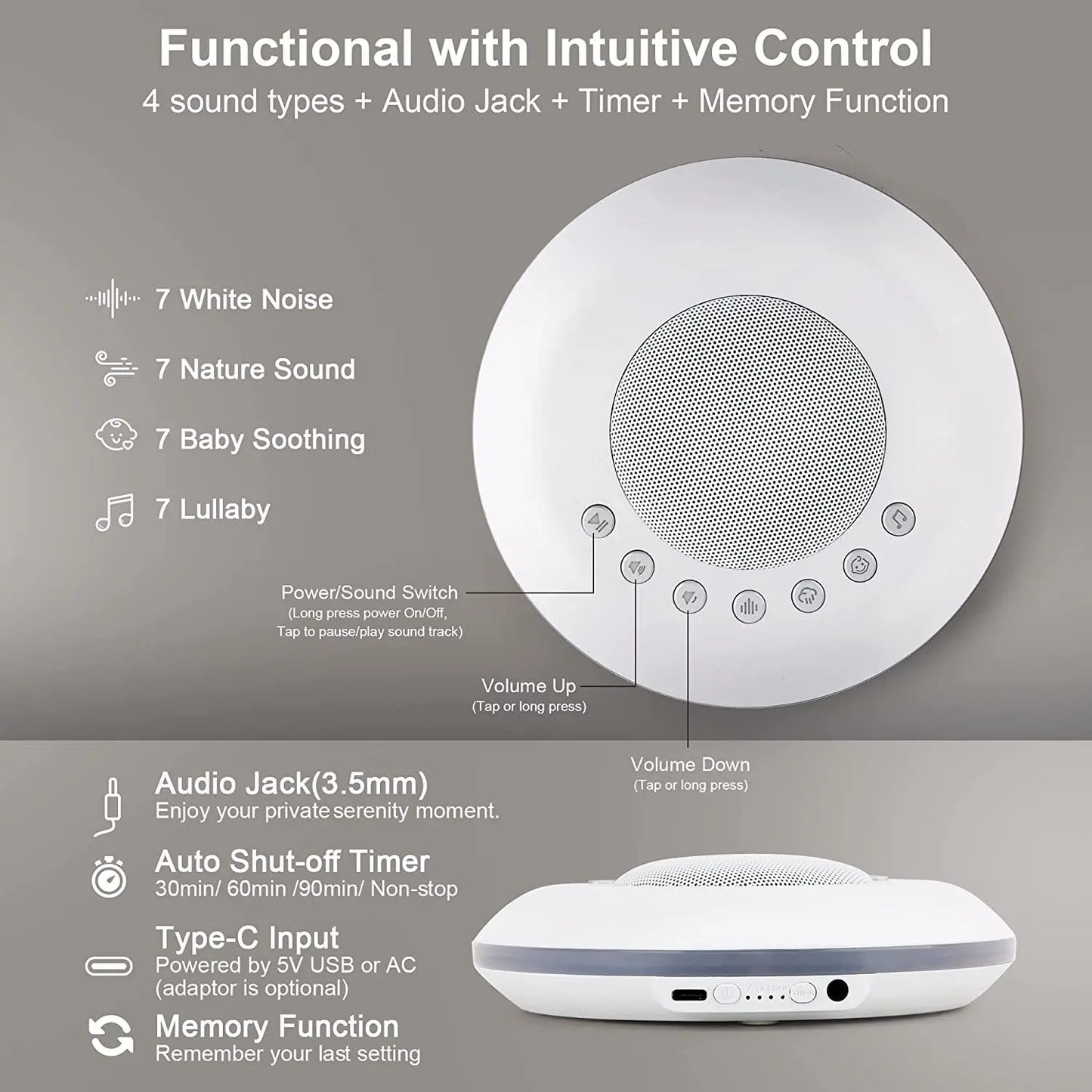 Portable Baby White Noise Machine 28 Soothing Sounds 4 Timers & Memory USB-C Rechargeable with Optional Night Light