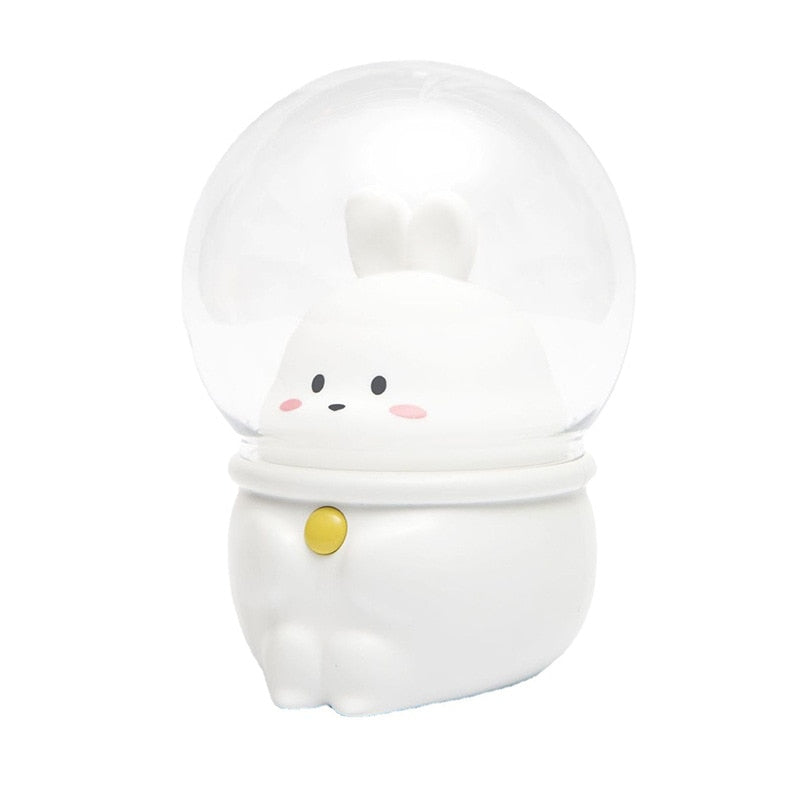 White bunny night light with clear dome over bunny face and yellow side button