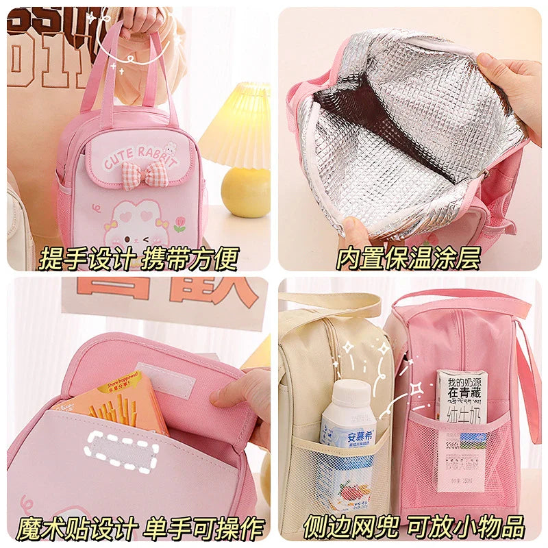 Pink insulated lunch bag with open top and silver insulated lining
