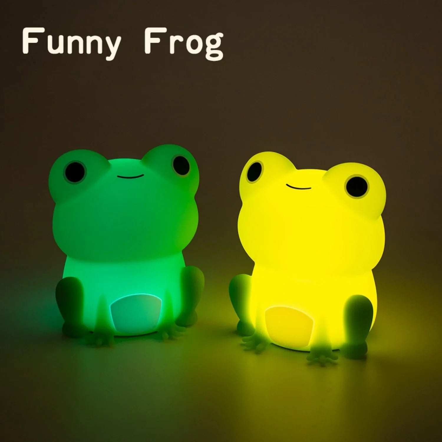Pair of glowing frog night lights, one green and one yellow, side by side.