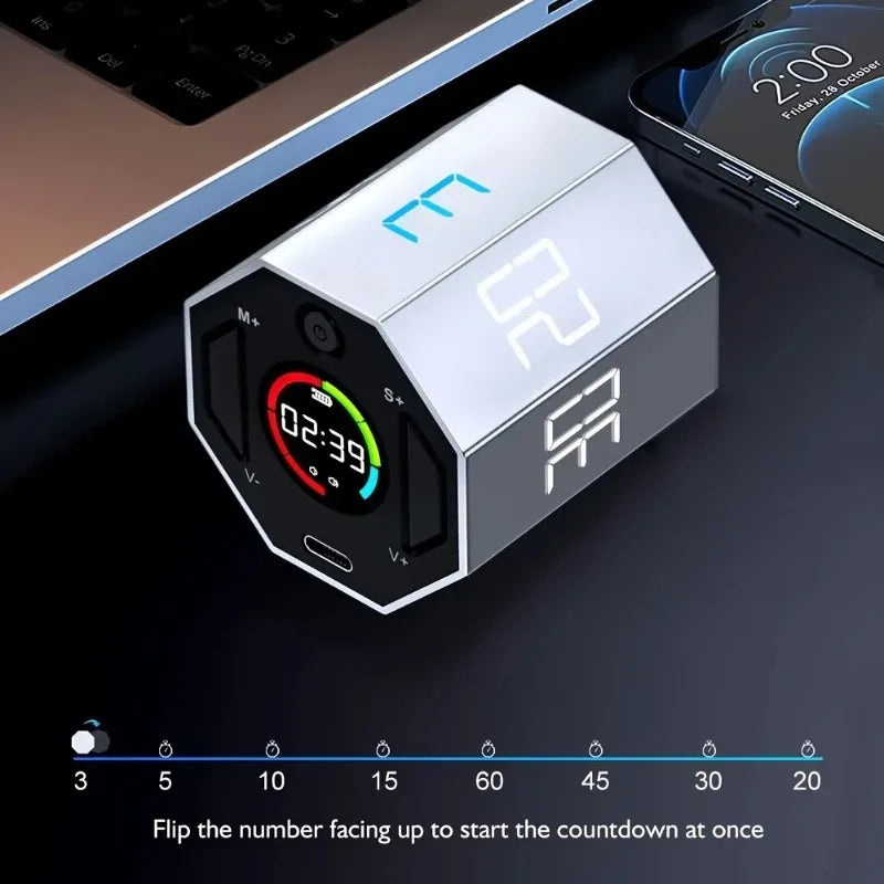 Pomodoro Flip Cube Timer - Magnetic Digital Visual Timer, Rechargeable USB-C, Silent Alarm for Study & Office Productivity