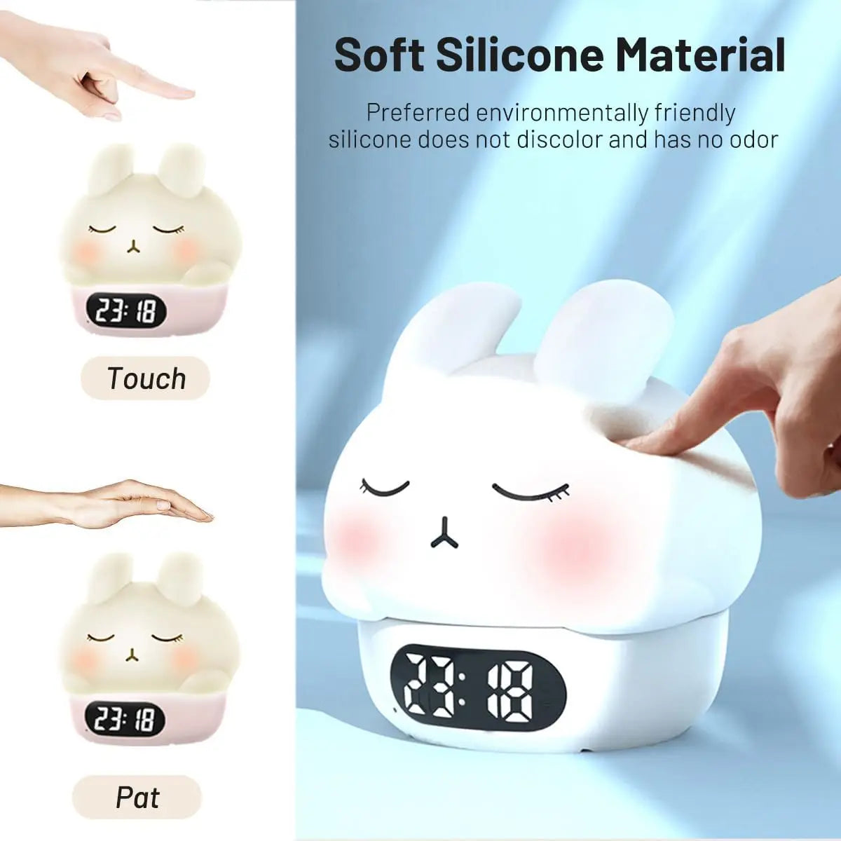 White silicone bunny alarm clock with touch top and 23:18 LED time.