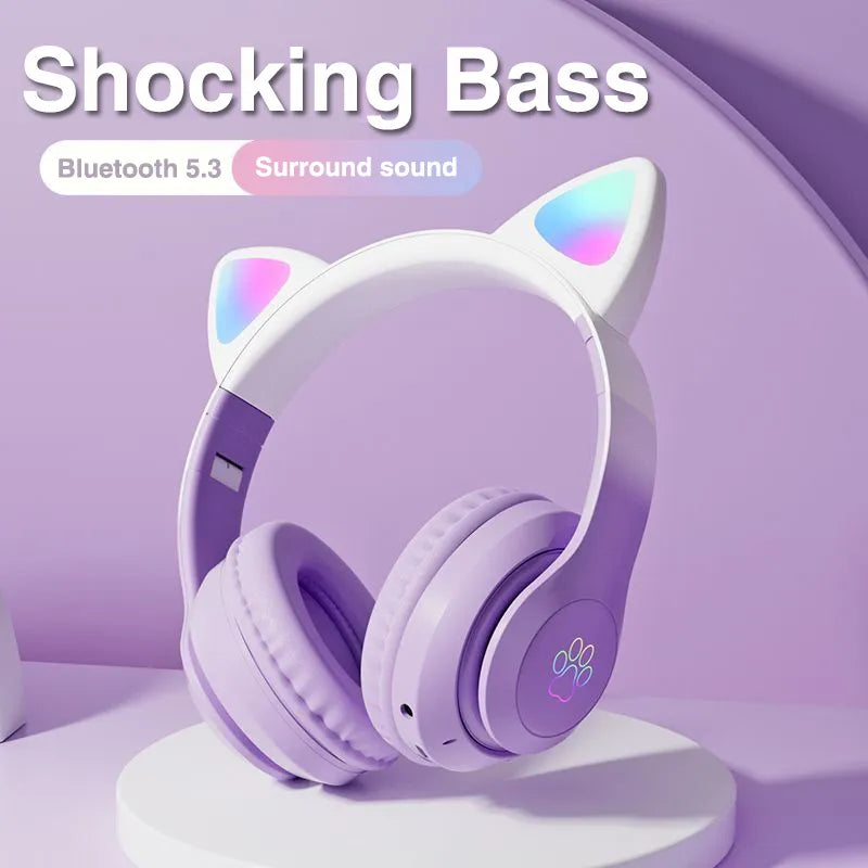 White cat-ear gaming headset with multicolor LED ear lights and cushioned ear cups