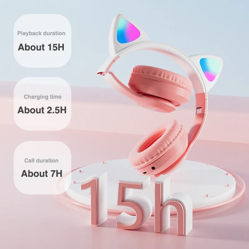 Pink cat-ear gaming headset with padded ear cups and multicolor LED cat ears