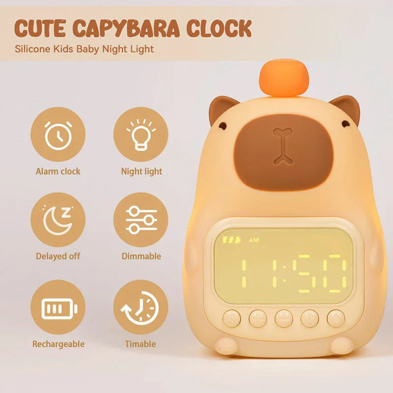 Capybara silicone night light alarm clock with round top and lit digital screen