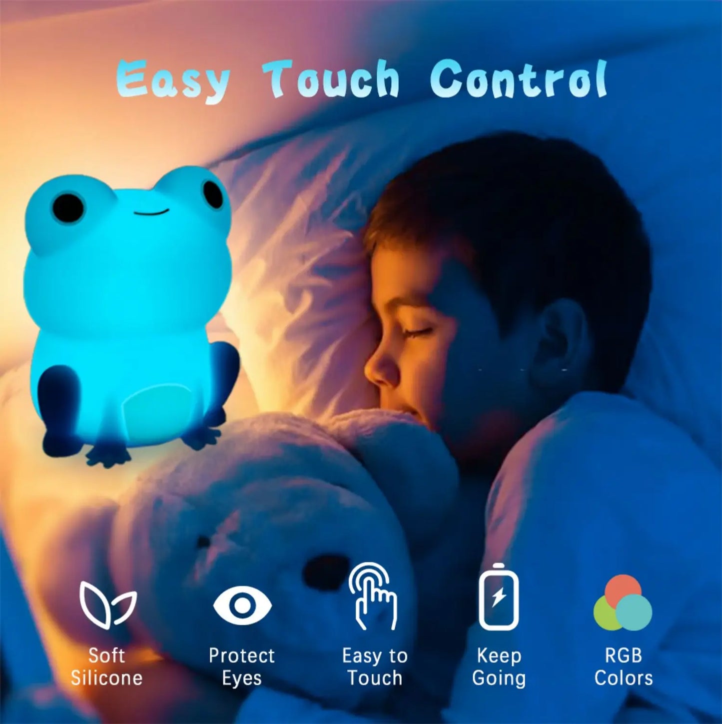 Blue frog-shaped silicone night light glowing, with easy touch control design.