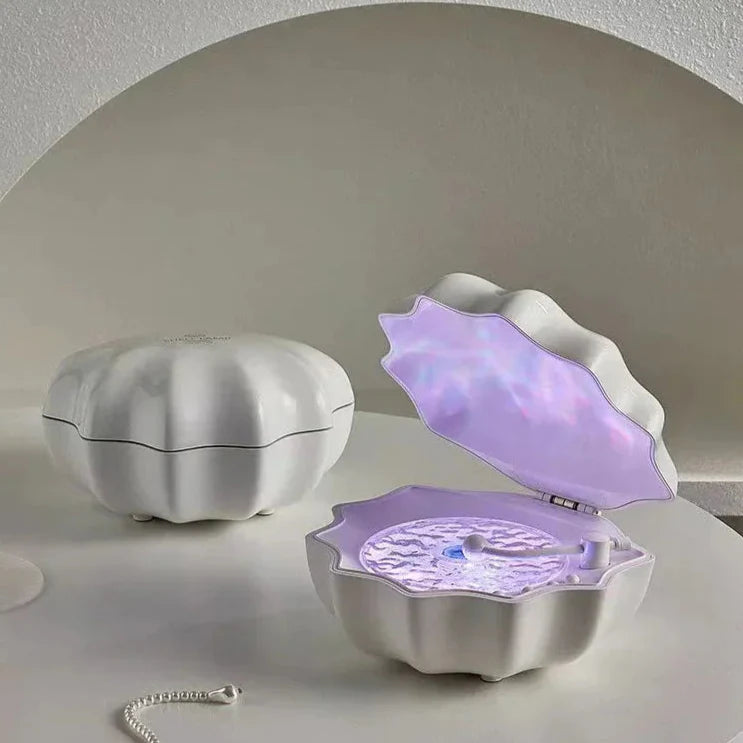Shell-shaped Bluetooth speaker night light, white with purple glowing light interior