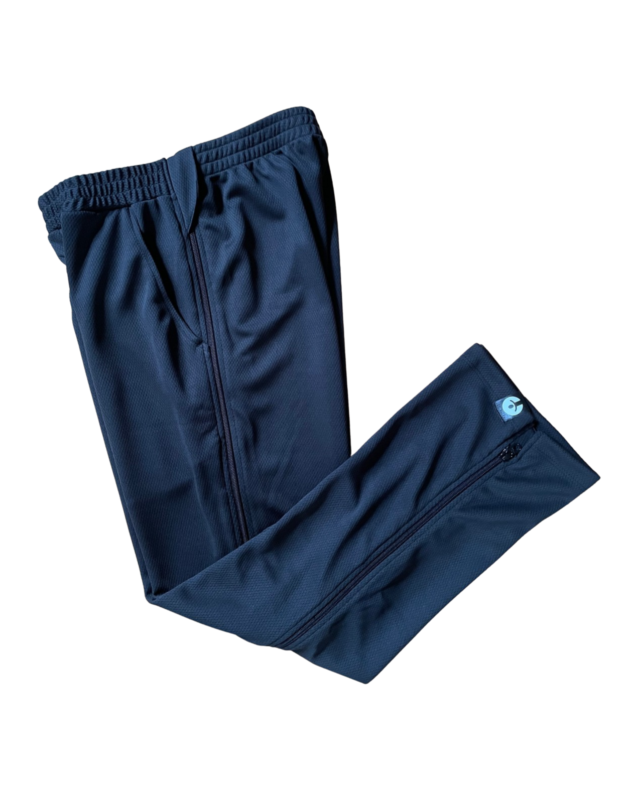 Pair of navy blue pants on a white background