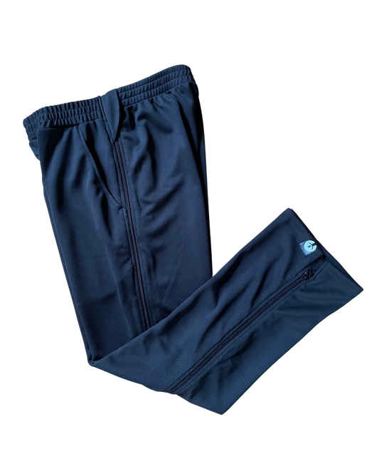 Pair of navy blue pants on a white background