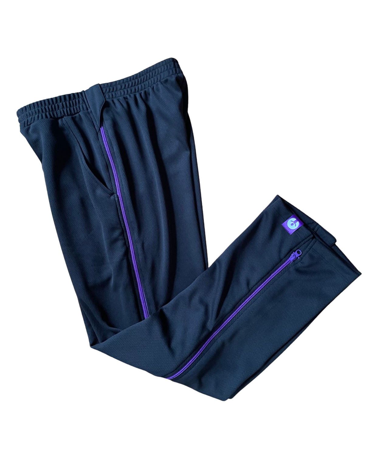 Navy blue pants with purple accents on a white background