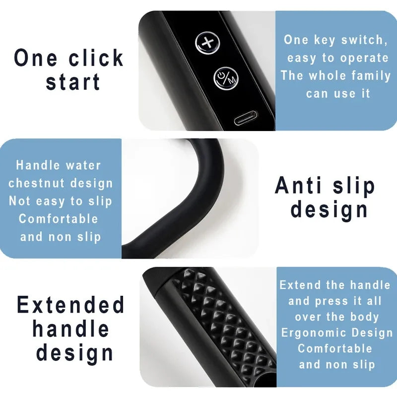 Electric fascia massage gun control panel on black handle with anti-slip grip