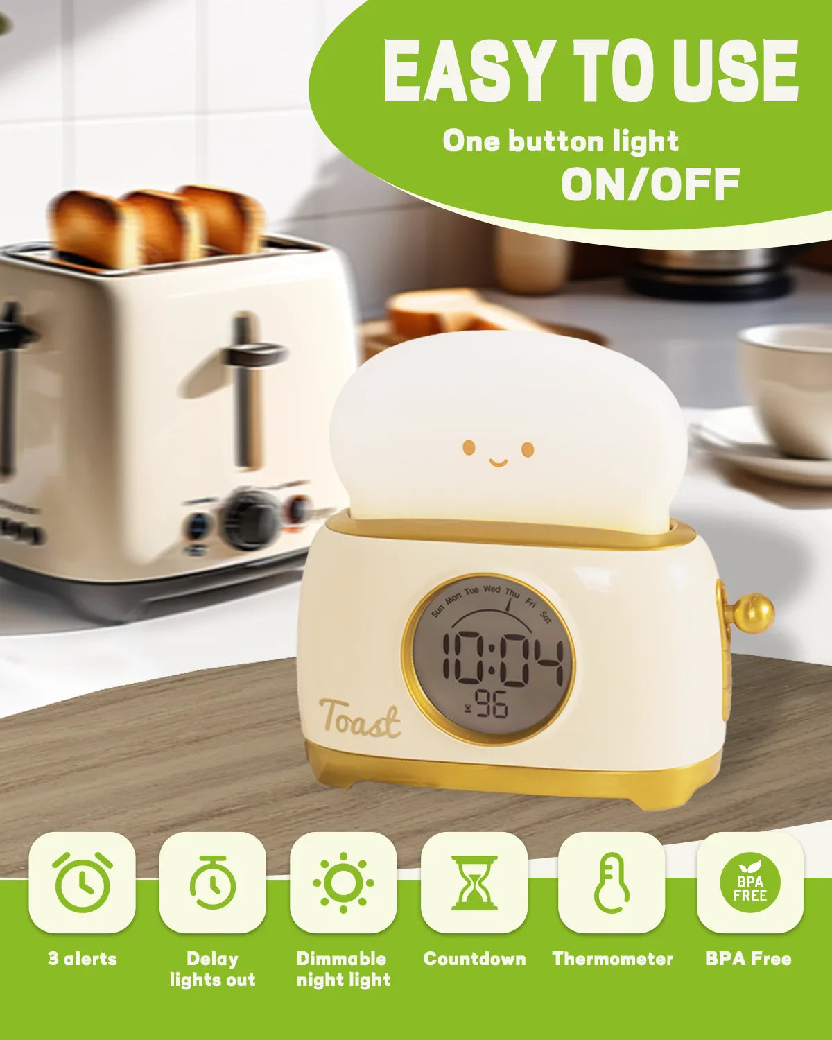 White toaster night light alarm clock with glowing lid and digital temperature display
