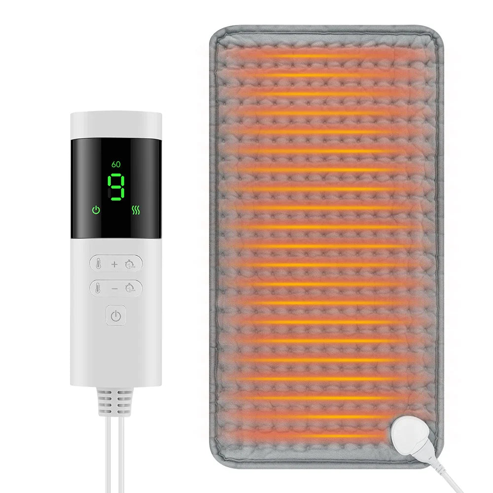 Dark gray electric heating blanket pad with controller and glowing orange heating area