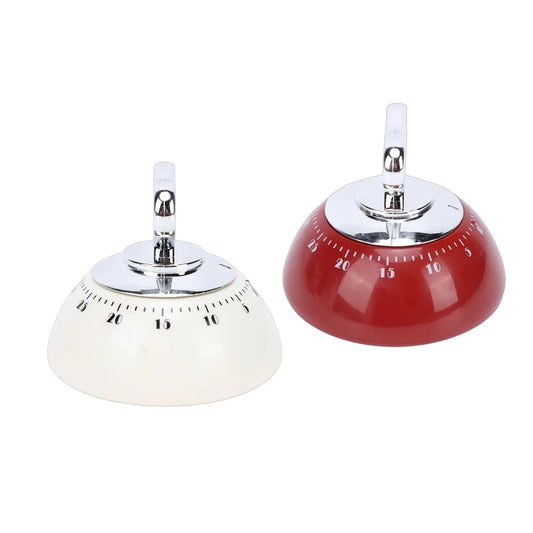 White mechanical countdown timer with chrome top and black winding lever