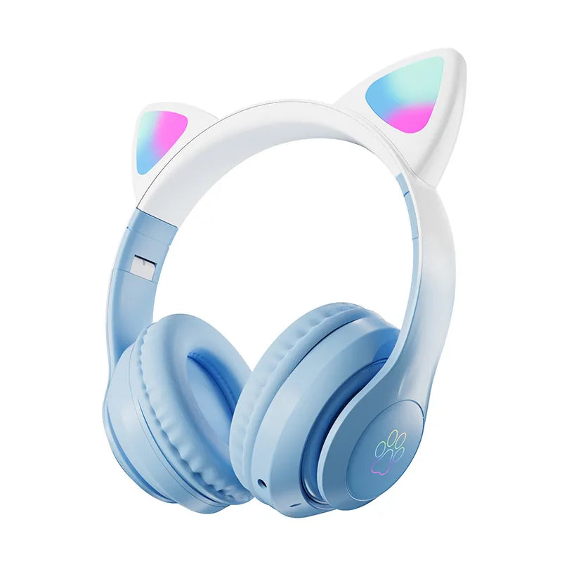 Blue cat-ear gaming headset with multicolor LED ear lights and cushioned ear pads
