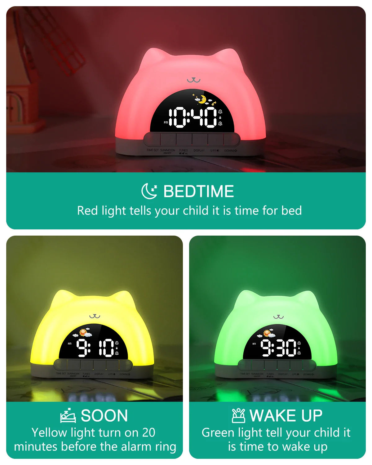 Pink cat-shaped night light alarm clock showing 08:10 on dark display