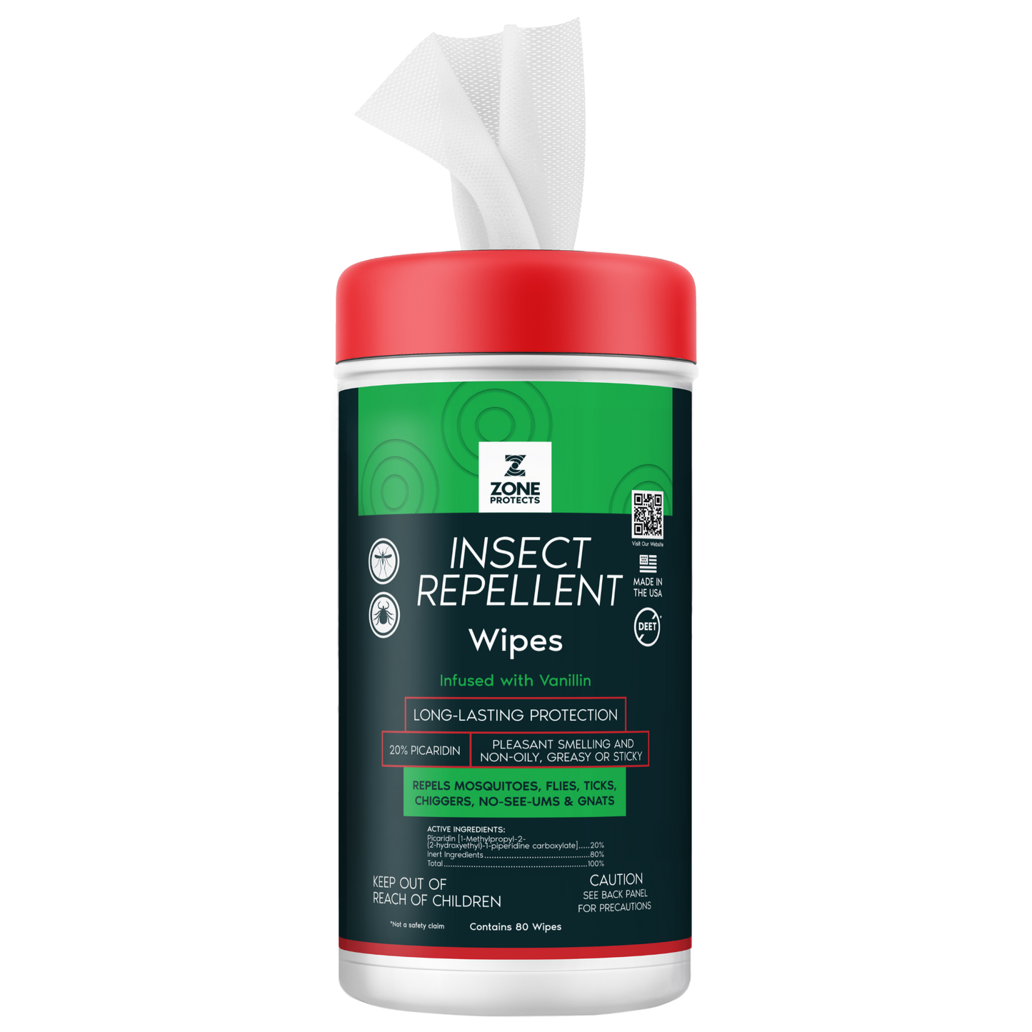Scented insect repellent wipes container with red cap, green label, and folded wipes