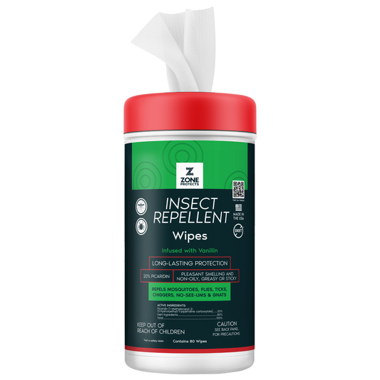 Scented insect repellent wipes container with red cap, green label, and folded wipes