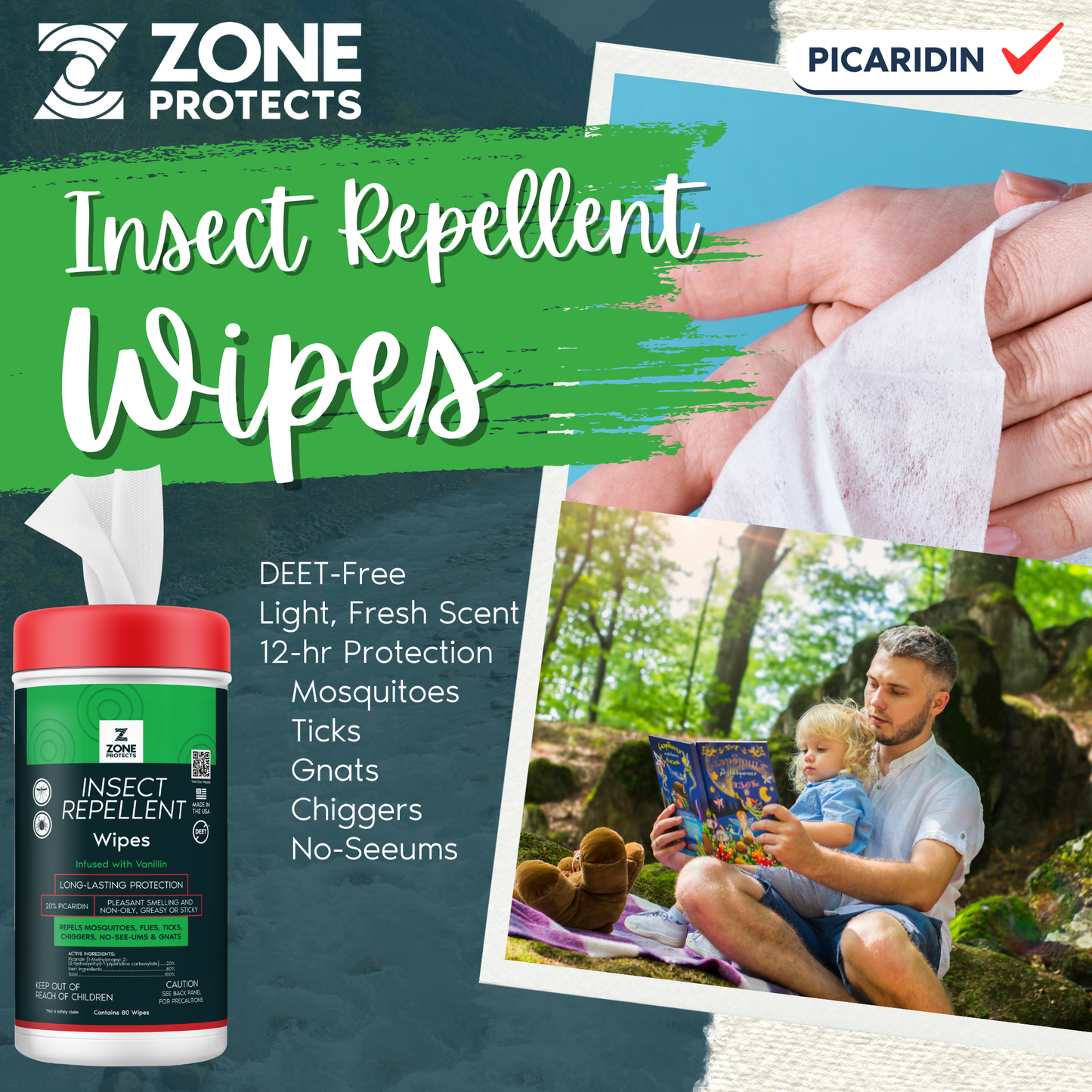Insect repellent wipes container with red cap and green label, wipe being pulled