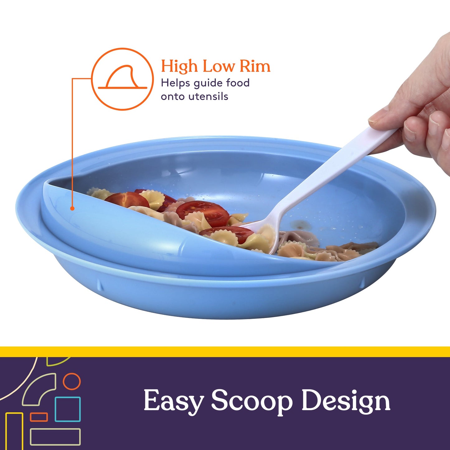 Blue scoop plate with raised wall and high rim, filled with pasta and vegetables.