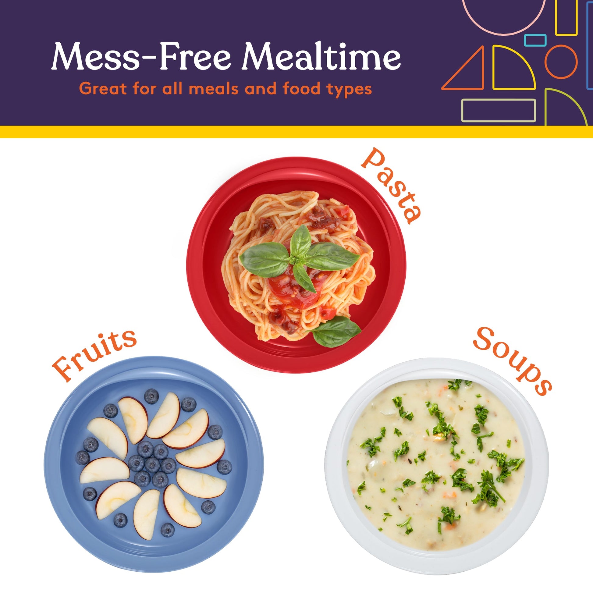 Red, blue, and white scoop plates with raised walls holding assorted foods.
