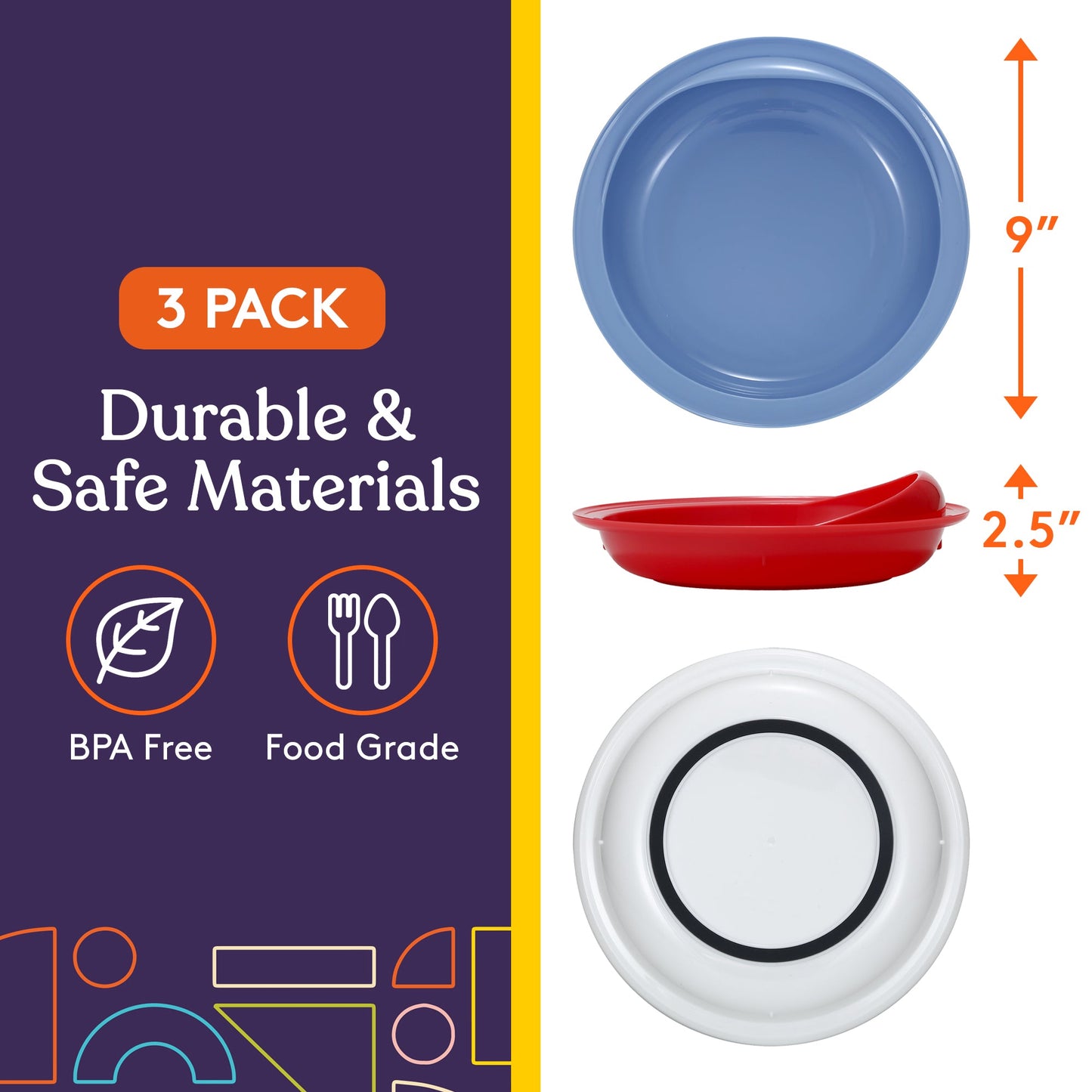 Set of scoop plates with raised wall; blue, red, and white bowls with high rim.