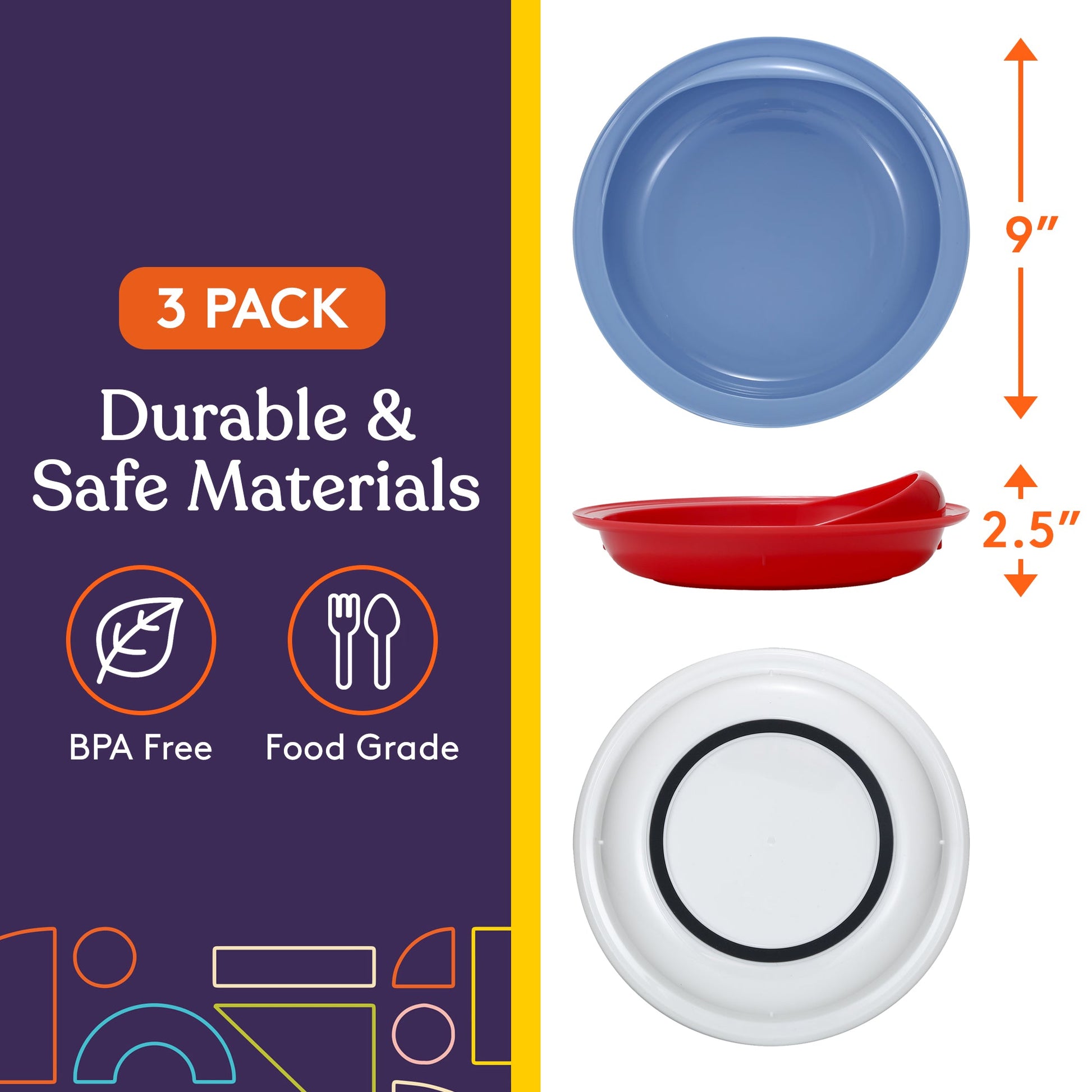 Set of scoop plates with raised wall; blue, red, and white bowls with high rim.