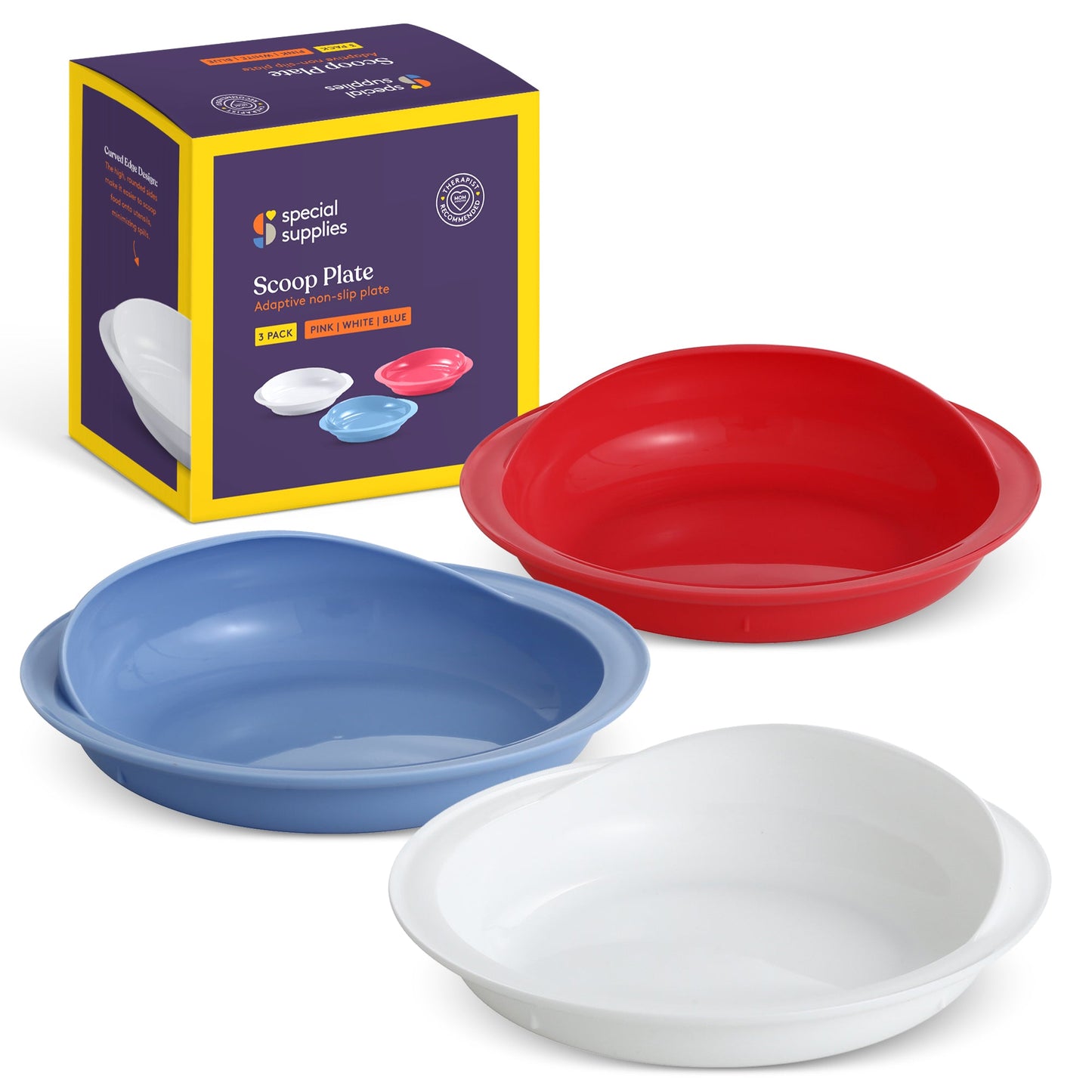 Three-piece scoop plates with raised wall, non-slip base, red, blue, and white.
