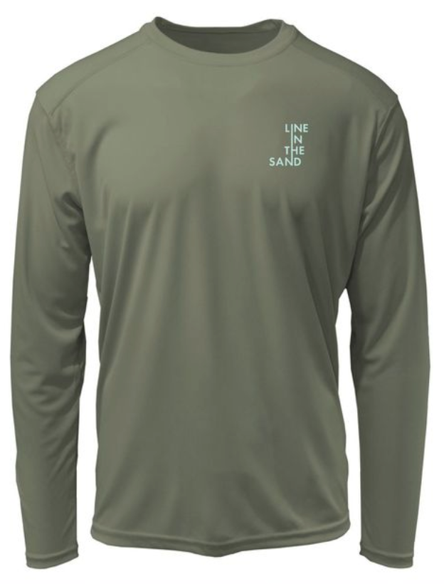 Men's Seize the Ray olive long-sleeve rashguard, rear view with chest logo