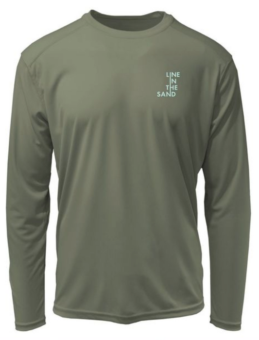 Men's Seize the Ray olive long-sleeve rashguard, rear view with chest logo