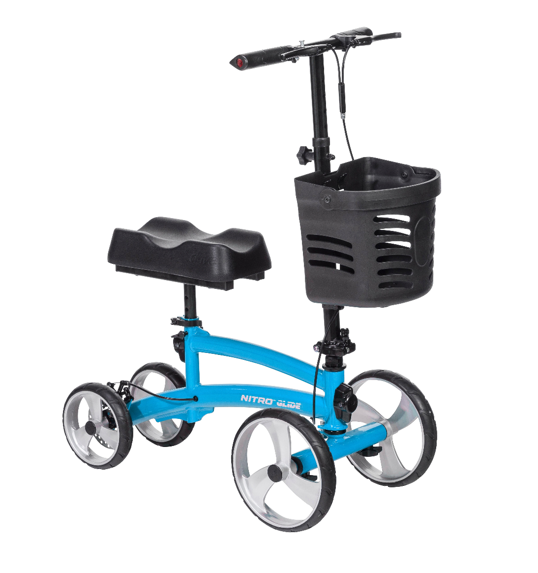 Blue knee walker with black seat and basket on a white background