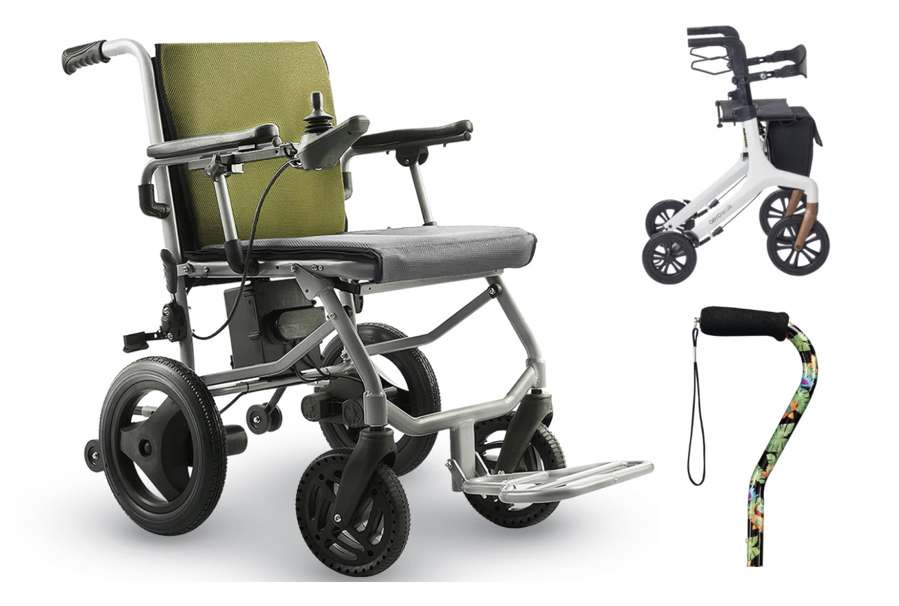 Green wheelchair, white rollator, cane with green tropical flowers