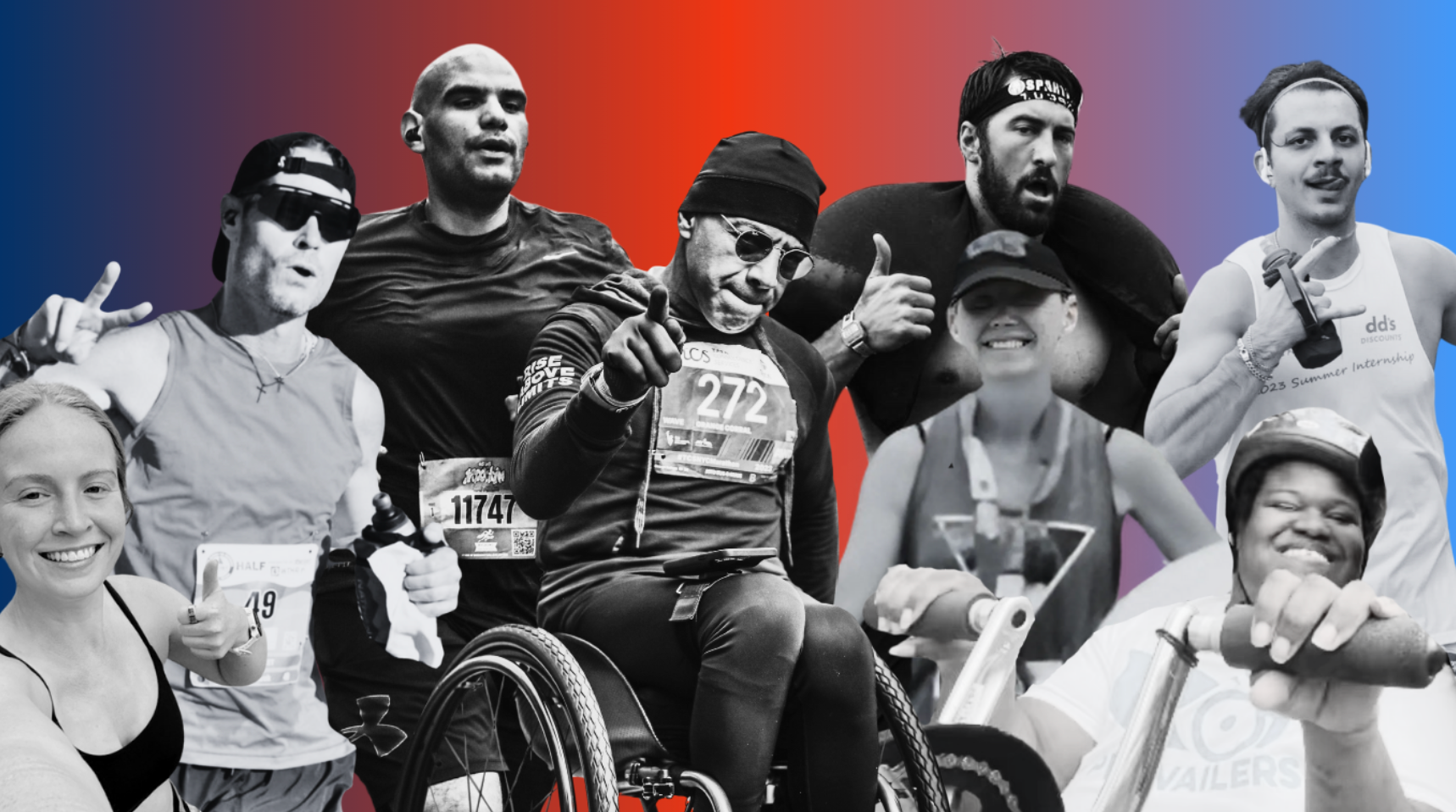 Collage of people participating in a race or event with colorful background including wheelchair users
