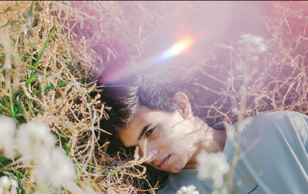 Person lying among plants with a lens flare effect