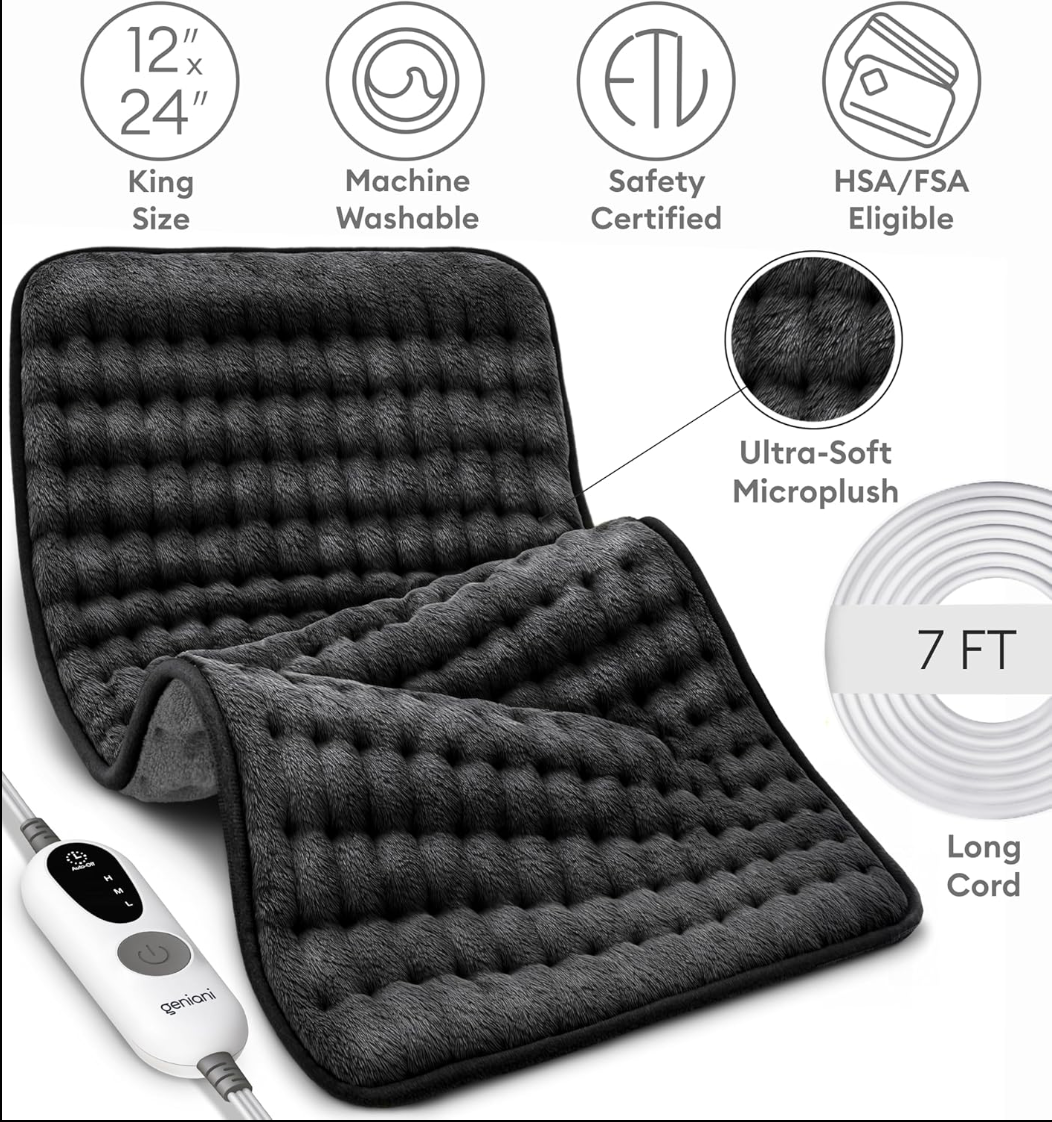 Black quilted heated massage pad with remote controller and long cord