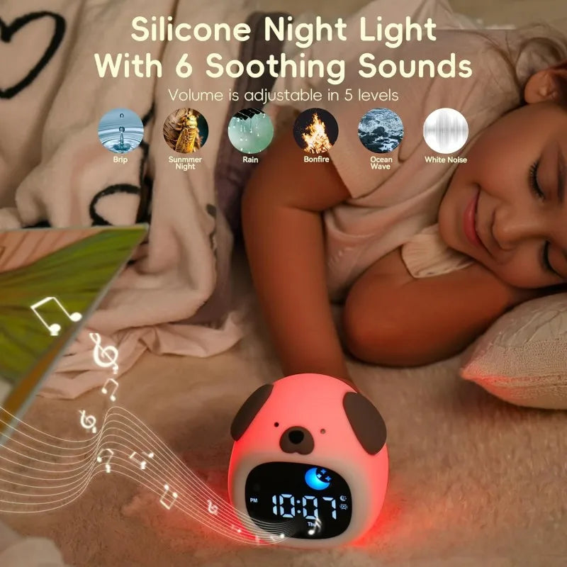 Red silicone puppy night light alarm clock with sound-wave LEDs and digital time