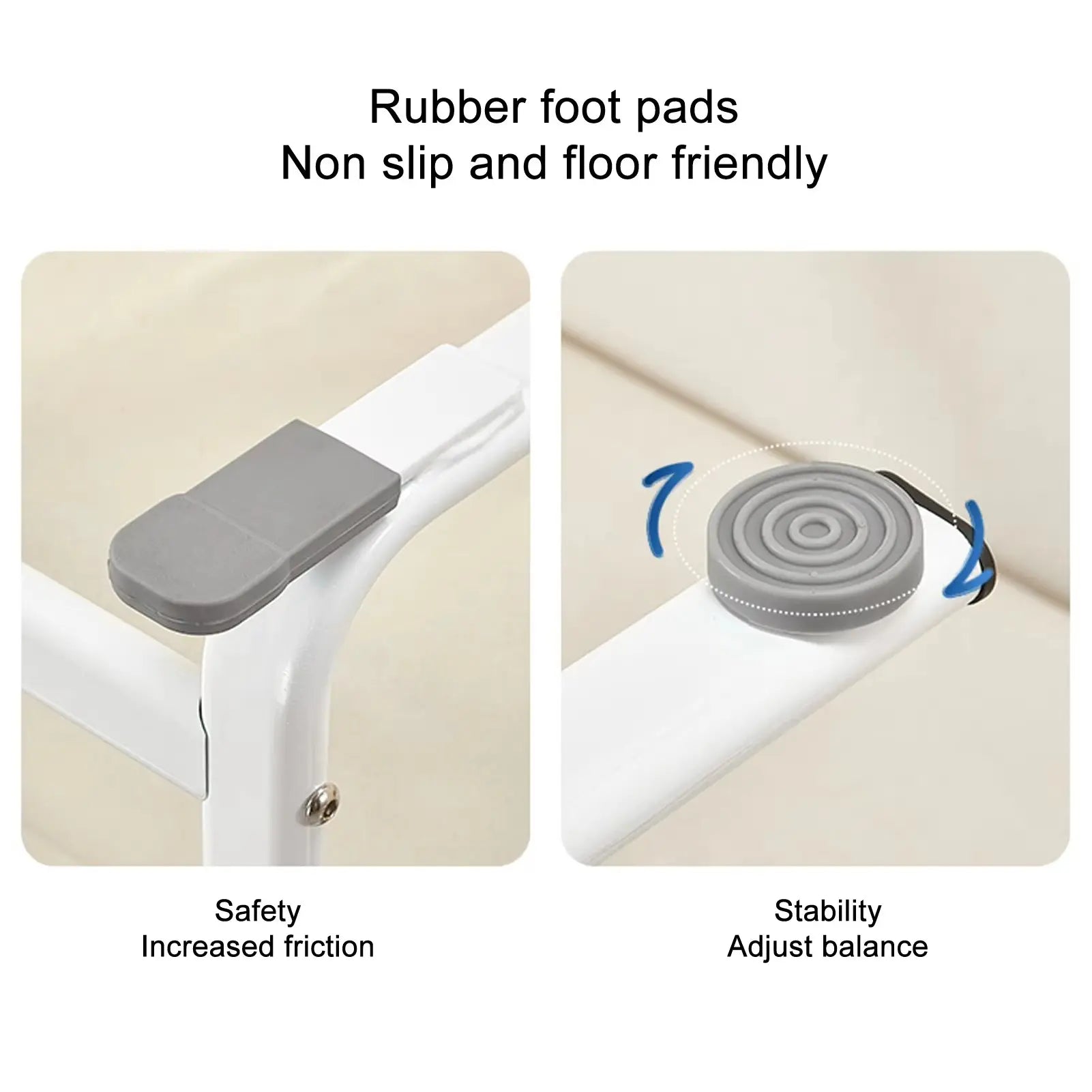 Rubber foot pads on standing aid legs for non-slip, floor-friendly stability