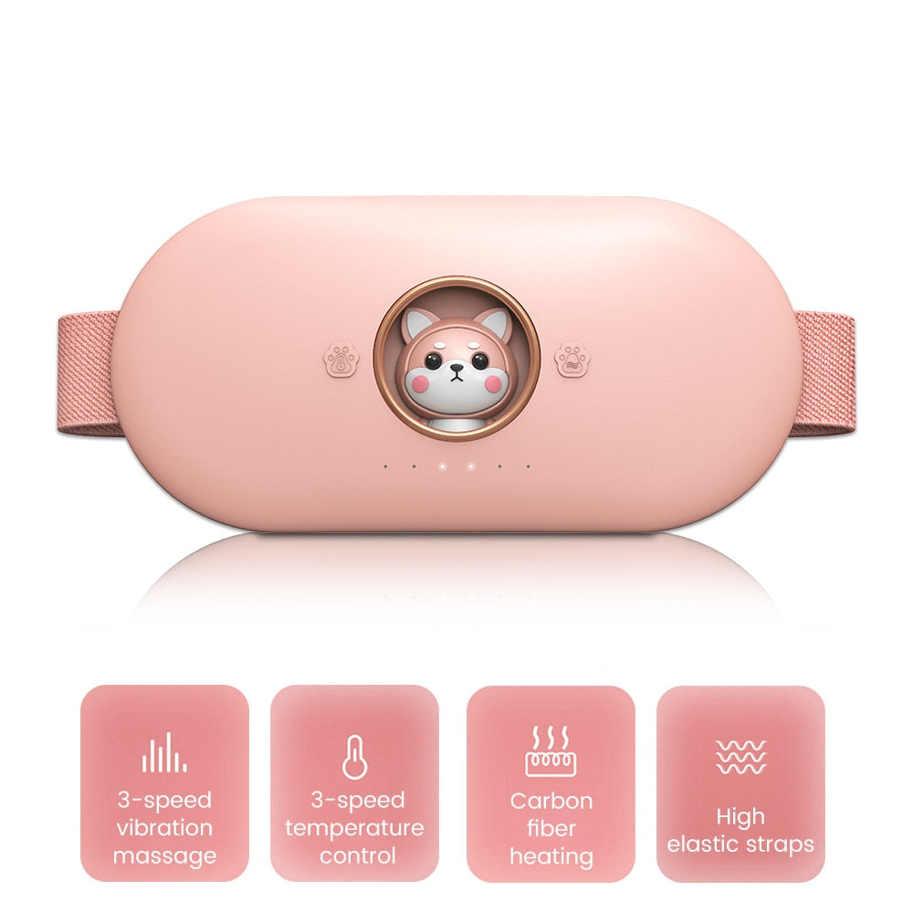 Pink electric heating pad belt with plush body and round dog-face controller detail