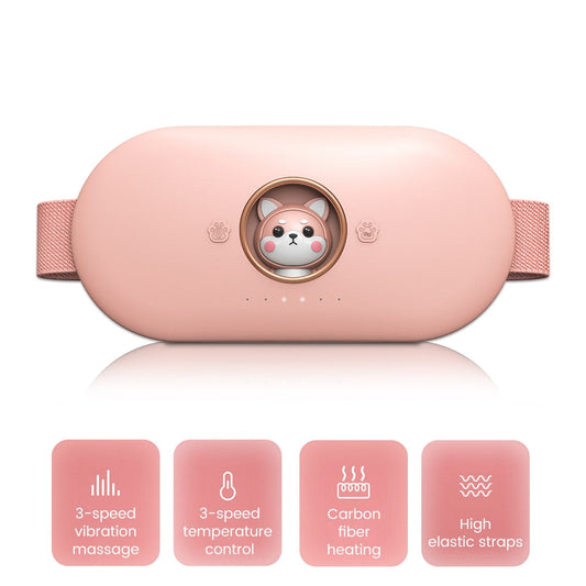 Pink electric heating pad belt with plush body and round dog-face controller detail