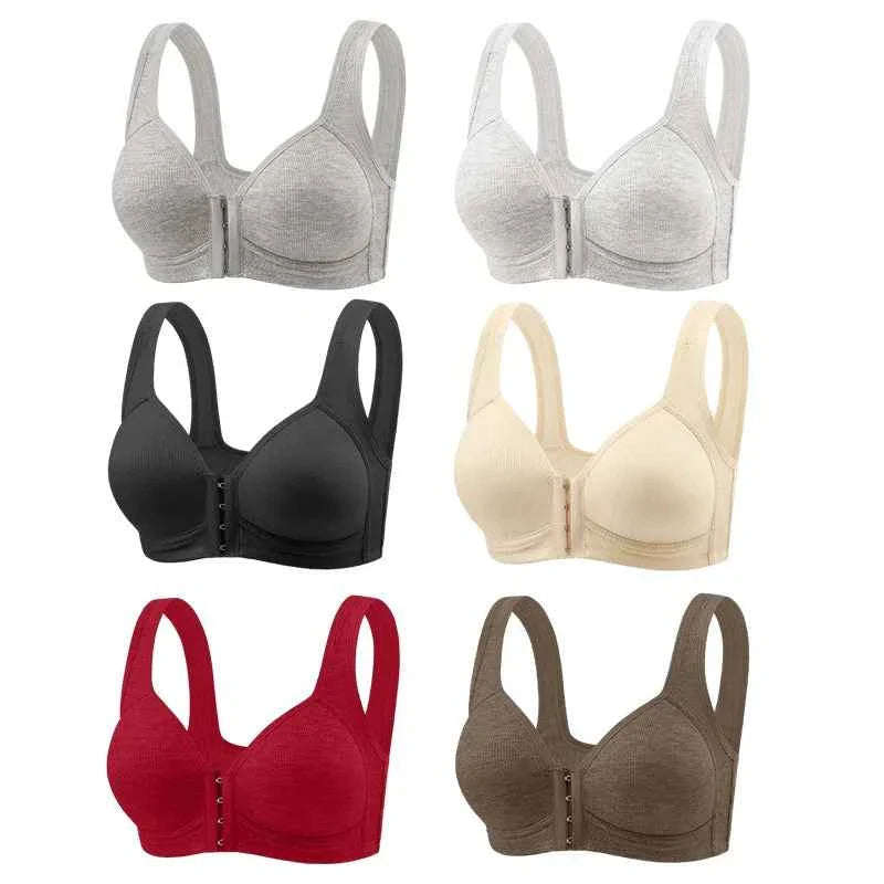 Seamless front-close bra multipack showing several colors, with front closure