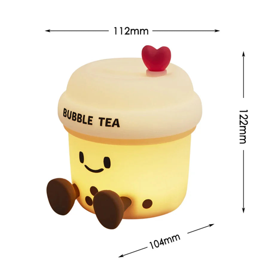 Bubble tea cup night light product with heart topper; size diagram shows 112mm by 122mm.