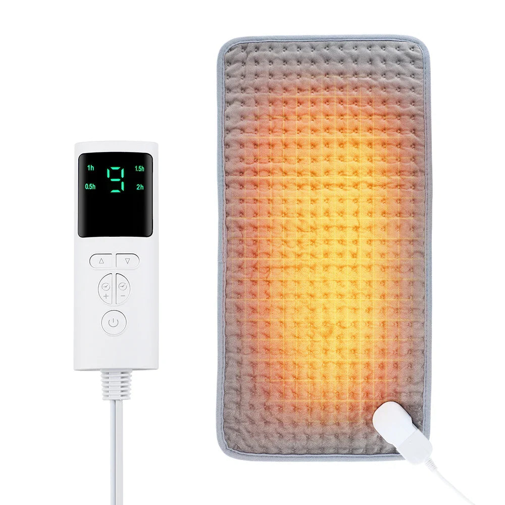 Electric heating blanket pad in dark gray with controller display and corded plug
