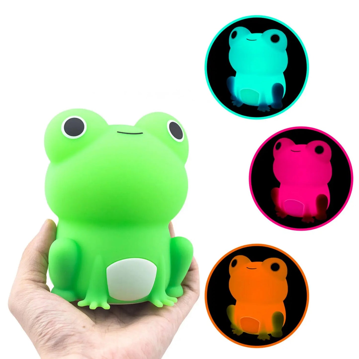 Frog-shaped silicone night light in hand, with selectable teal, pink, and orange options.